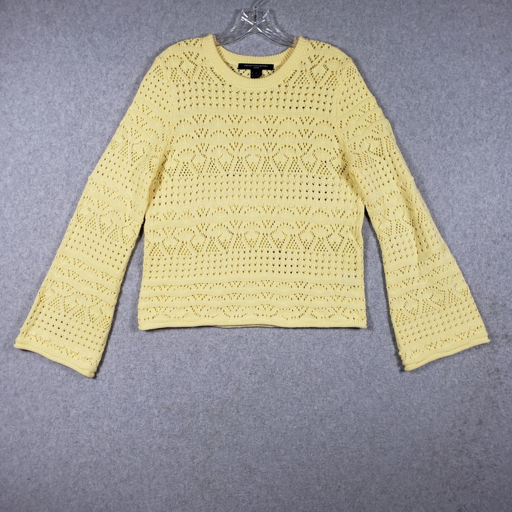 French Connection L Yellow Pointelle Knit Sweater Scalloped Hem Bell Sleeve Top